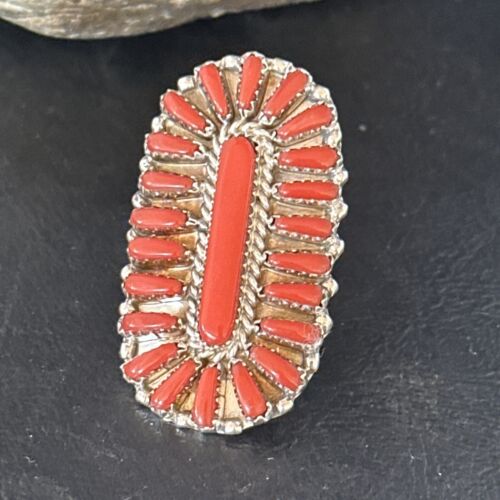 Navajo Red Coral Cluster Ring | Authentic Native American Sterling Silver | Multi-Stone | Sz 10 | 14572