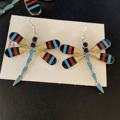 Zuni Dragonfly Necklace Earrings Set | Turquoise Onyx Inlay | Sterling Silver | Authentic Native American Handmade | 14213
