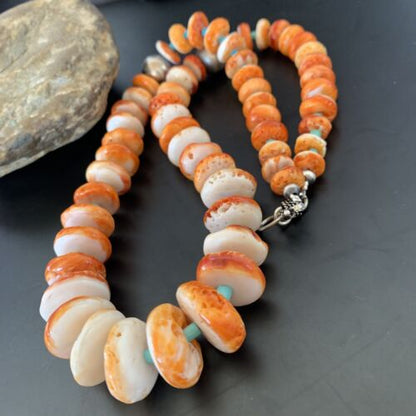 Navajo Orange Spiny Oyster & Turquoise Necklace | Sterling Silver | Authentic Native American | Graduated | 22" | 11387