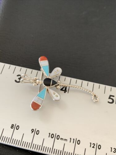 Zuni Turquoise White Mother of Pearl Inlay Dragonfly Necklace Pin Pendant | Sterling Silver | 12326