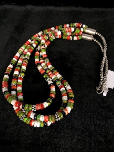 Native American Turquoise & Spiny Oyster Necklace | Sterling Silver | Multi-Strand | 8745
