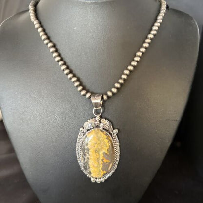 Navajo Bumblebee Jasper Pendant Necklace | Sterling Silver | Authentic Native American Handmade | 14247