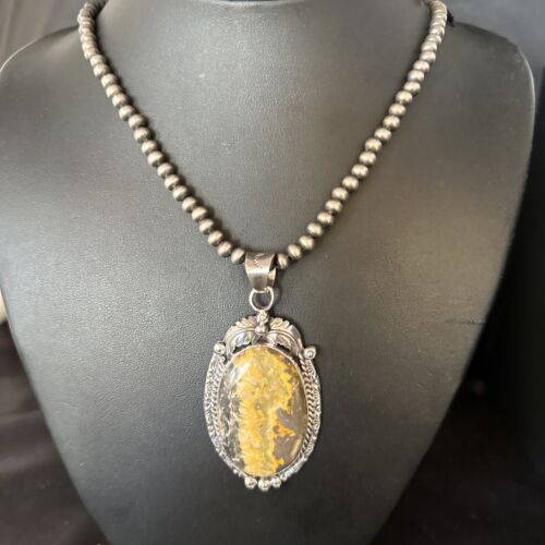 Navajo Bumblebee Jasper Pendant Necklace | Sterling Silver | Authentic Native American Handmade | 14247