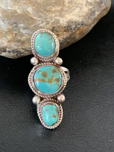 Navajo Sterling Silver Blue Turquoise Ring | 3-Stone | Sz 9 | Native American Handmade | 13615