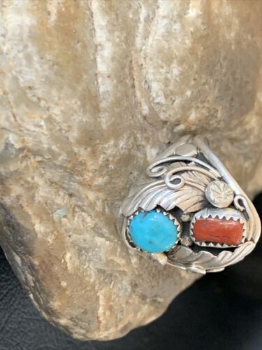 Navajo Blue Kingman Turquoise & Coral Feather Ring | Authentic Native American Sterling Silver | Multi-Stone | Sz 12 | 12217 - Masha USA