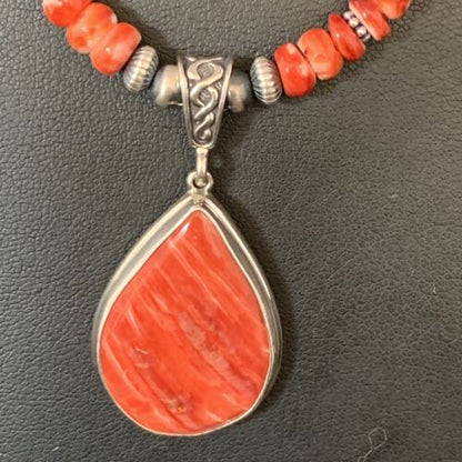 Navajo Red Spiny Oyster Necklace | Sterling Silver Pendant | Men's Women's | Authentic Native American Handmade | 13814
