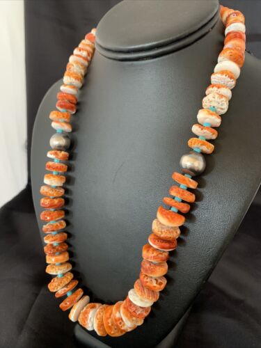 Navajo Orange Spiny Oyster & Turquoise Necklace | Sterling Silver | Authentic Native American | Graduated | 20" | 1504