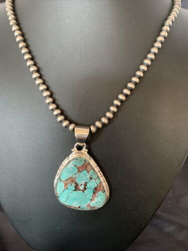Men's Navajo Pearl Necklace with Blue Spiderweb Turquoise Pendant | Sterling Silver | 10543