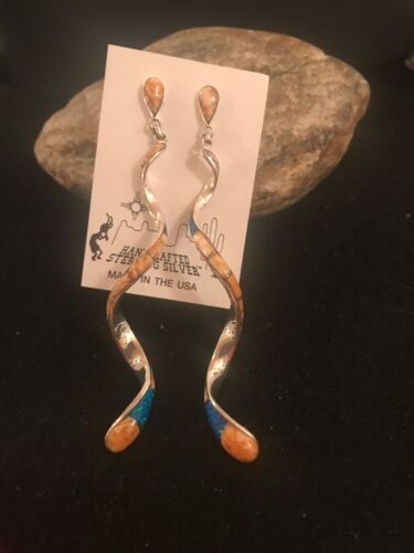 USA Navajo Snake Swirl Spiny Opal Inlay Sterling Silver Earrings Long 3.25”