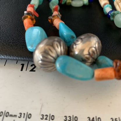 Native American Santo Domingo Spiny Blue Turquoise Necklace | 3-Strand Shell | 10397 - Masha USA