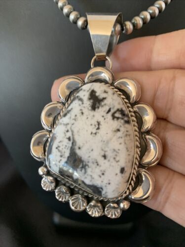 Navajo White Buffalo Turquoise Pendant | Sterling Silver | Authentic Native American Handmade | 11686