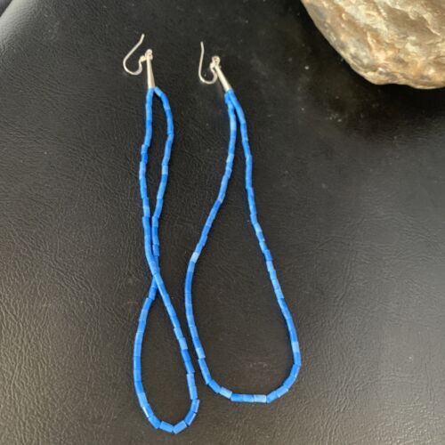 Handmade Silver Heishi Beads Blue Denim Lapis Earrings | Sterling Silver | 5" | 13505