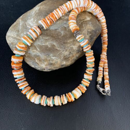 Navajo Turquoise & Orange Spiny Oyster Graduated Necklace | Sterling Silver | Authentic Native American | 21" | 13518