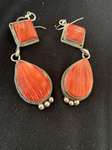 Navajo Red Spiny Oyster Dangle Earrings | Sterling Silver | Authentic Native American Handmade | 203