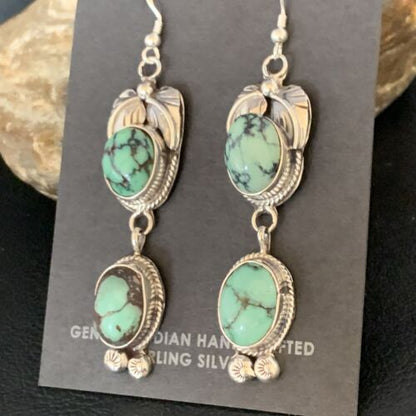 Navajo Green Spiderweb Turquoise Dangle Earrings | Sterling Silver | Authentic Native American Handmade | 13549