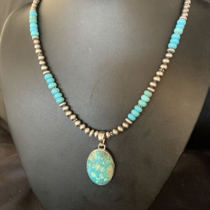 Navajo Blue Turquoise Pendant Necklace | Sterling Silver | Authentic Native American Handmade | 13868