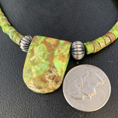 Navajo Green Gaspeite Turquoise Pendant | Sterling Silver | Authentic Native American Handmade | 13914 - Masha USA