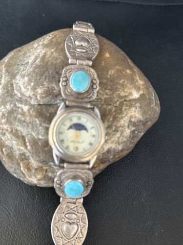 Old Pawn Women's Blue Turquoise Navajo Sterling Silver Watch Tips | Authentic Native American Jewelry | 14757