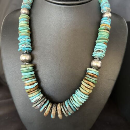 Navajo Blue Green Turquoise Bead Necklace | Sterling Silver | Authentic Native American | 20" | 14238