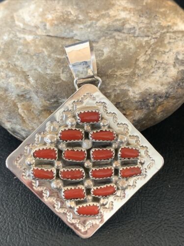 Navajo Red Coral and Multi-Stone Cluster Pendant | Authentic Native American Sterling Silver | 2" | 2101