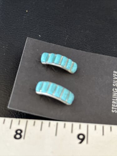 Navajo Blue Turquoise Inlay Earrings | Sterling Silver | 1" | Authentic Native American Handmade | 14777