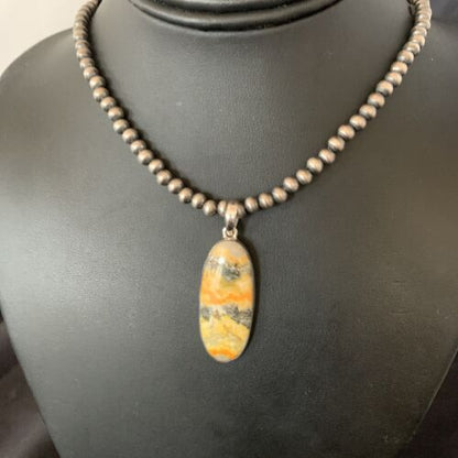 Navajo Yellow Bumblebee Jasper Pendant Necklace | Sterling Silver | Authentic Native American Handmade | 12810