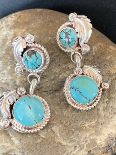 Handmade Navajo Spiderweb Turquoise Dangle Earrings | Sterling Silver Post | Authentic Native American | 1483