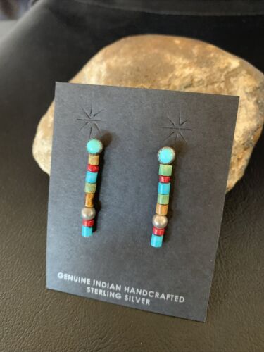 Multi-Color Turquoise Coral Bead Earrings | Sterling Silver | Navajo Handmade | 1" | 13053