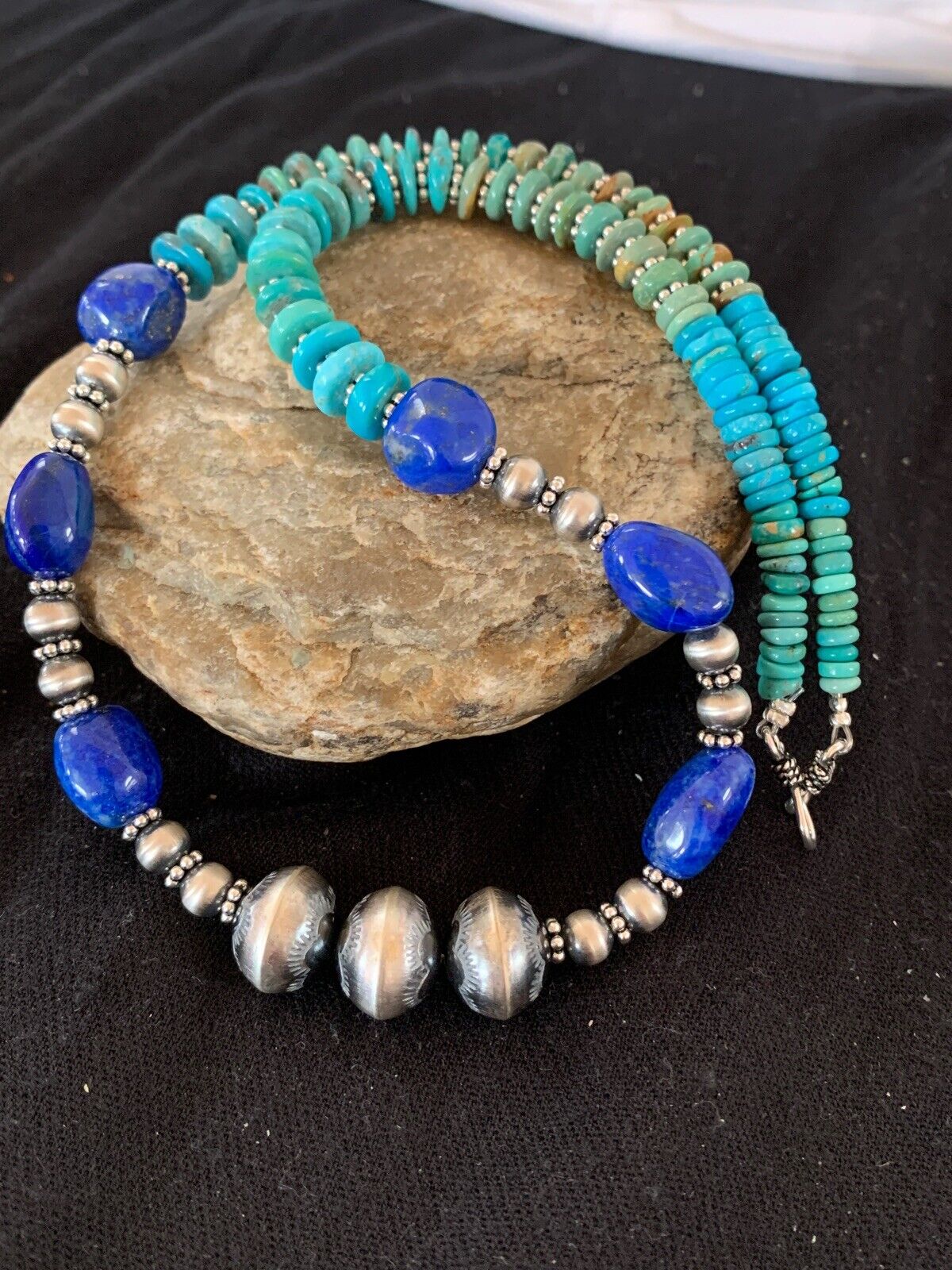 Navajo Lapis & Turquoise Beads Necklace | Sterling Silver | Authentic Native American Handmade | 20" | 4696