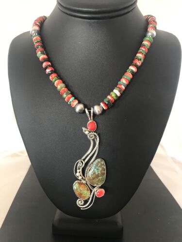 Navajo Turquoise #8 & Spiny Oyster Pendant Necklace | Sterling Silver | Native American Handmade | 8646