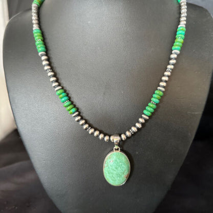 Navajo Green Turquoise Pendant Necklace | Sterling Silver | 21" | Authentic Native American Handmade | 14471