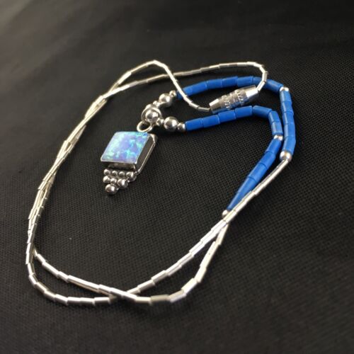 Children's Lapis Beads Sterling Heishi Necklace | Opal Pendant | 15" Chain | 10130