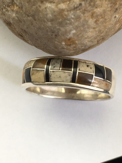 Navajo Sterling Silver Onyx, Coffee Tiger's Eye & Jasper Inlay Ring | Sz 14 | Authentic Native American Handmade | 1709