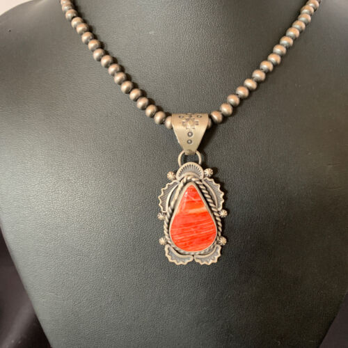Navajo Red Spiny Oyster Pendant | Sterling Silver | 2" | Authentic Native American Handmade | 13320