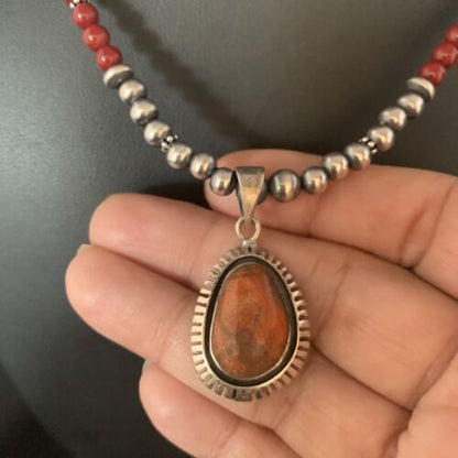 Navajo Red Apple Coral Pendant Necklace | Sterling Silver Beads | Authentic Native American Handmade | 13438