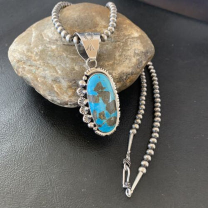 Navajo Pearls Necklace with Blue Kingman Turquoise Pendant | Sterling Silver | Authentic Native American Handmade | 10766