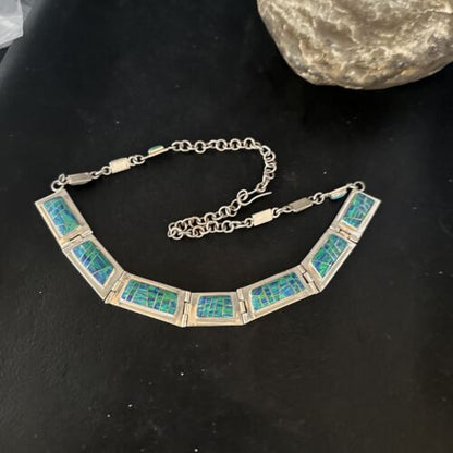 Native American Women's Blue Opal Navajo Necklace | Sterling Silver Inlay Pendant | 14649