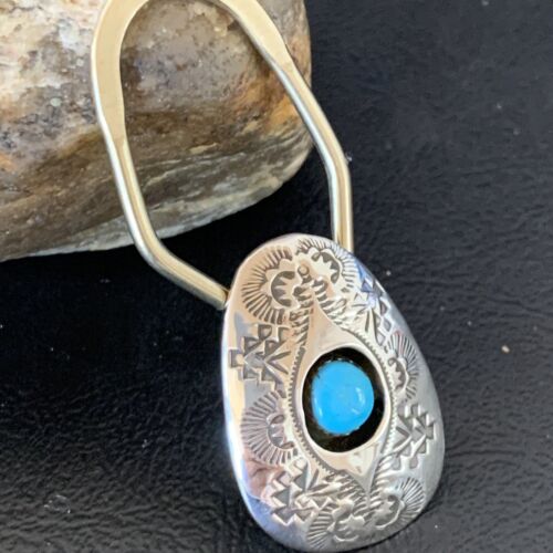 Men's Women's Navajo Turquoise Keyring | Sterling Silver | 2" | Authentic Native American Handmade | 11597