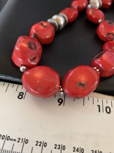 Navajo Red Coral Bead Necklace | Sterling Silver | Graduated | Authentic Native American | 21" | 13199