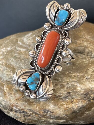 Navajo Kingman Turquoise & Coral Ring | Authentic Native American Sterling Silver | Multi-Stone | Sz 10 | 1292