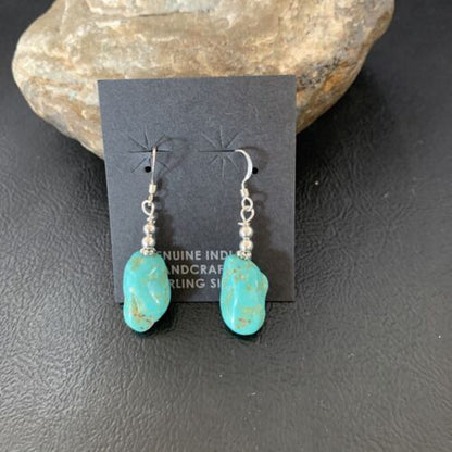 Navajo Turquoise Bead Nugget Earrings | Sterling Silver Pearls | 1" | Authentic Native American Handmade | 12896