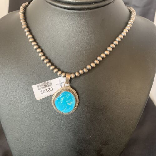 Men's Navajo Pearls Necklace with Blue Kingman Turquoise Pendant | Sterling Silver | Native American Handmade | 2202