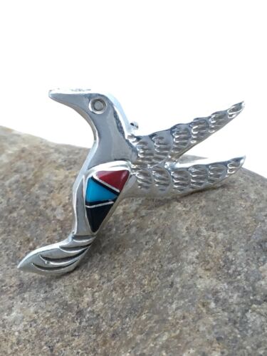 Navajo Hummingbird Pin | Turquoise & Coral | Sterling Silver | Authentic Native American Handmade | 2899