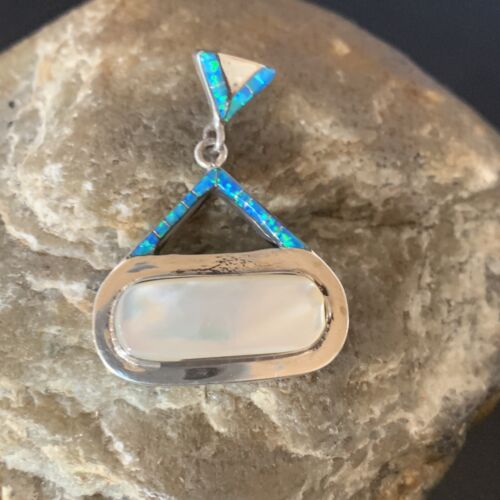 Authentic Native American Navajo Sterling Silver Pendant | White Mother of Pearl & Blue Opal Inlay | Handmade Jewelry | 12886