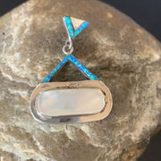 Authentic Native American Navajo Sterling Silver Pendant | White Mother of Pearl & Blue Opal Inlay | Handmade Jewelry | 12886