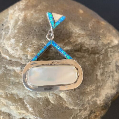 Authentic Native American Navajo Sterling Silver Pendant | White Mother of Pearl & Blue Opal Inlay | Handmade Jewelry | 12886