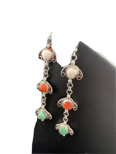 Navajo Spiny, Turquoise & Howlite Dangle Earrings | Sterling Silver | Authentic Native American Handmade | 01616