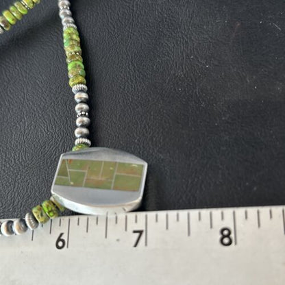 Navajo Green Turquoise Inlay Pendant Necklace | Sterling Silver | 22" | Authentic Native American Handmade | 14610