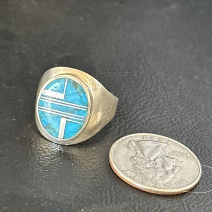 Navajo Blue Turquoise Inlay Ring | Sterling Silver | Sz 9.5 | Authentic Native American Handmade | 14749