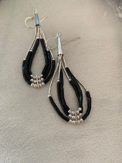 Native American Sterling Silver Heishi Dangle Black Onyx Pendant | 2" Tube | Navajo